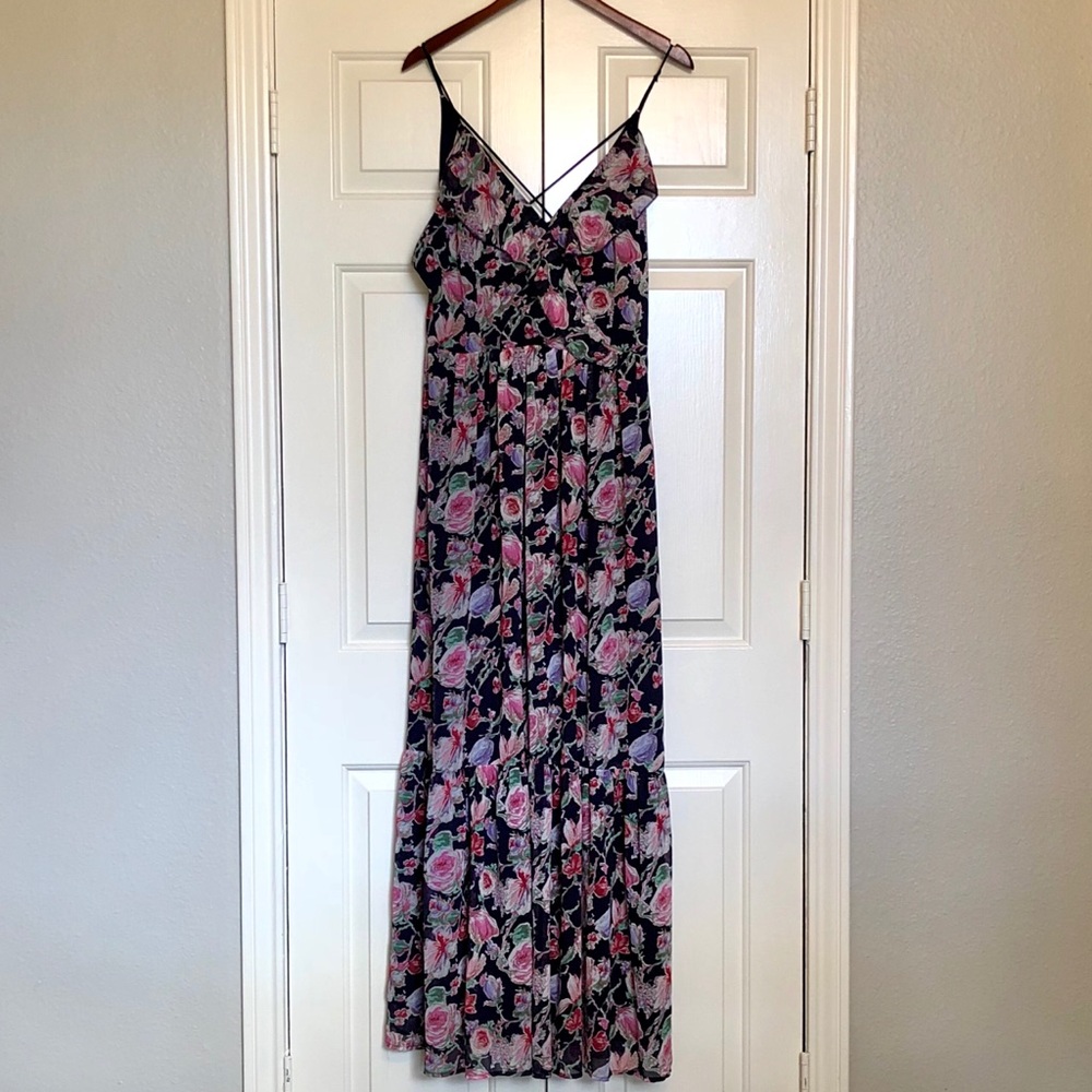 Navy floral maxi with deep crisscrossed back